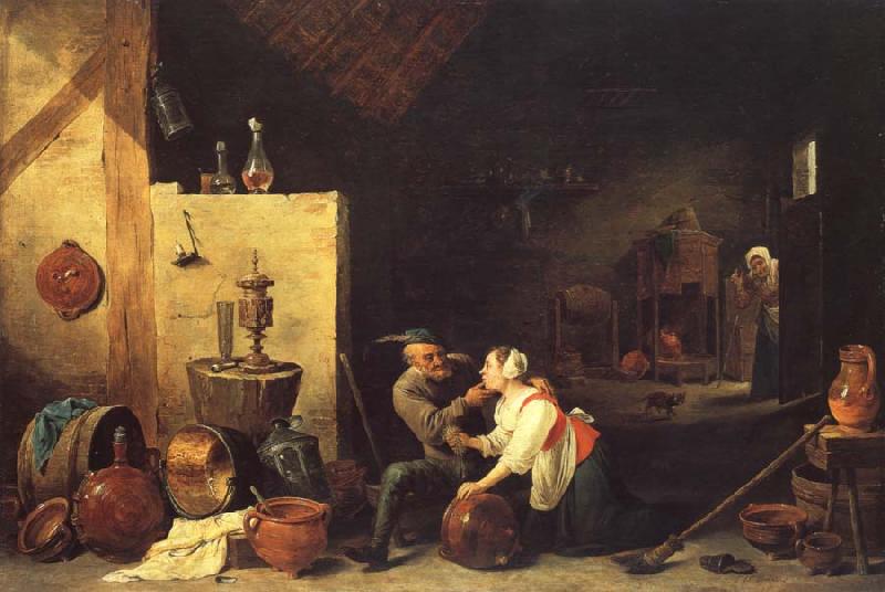David Teniers An Old Peasant Caresses a Kitchen Maid in a Stable Germany oil painting art